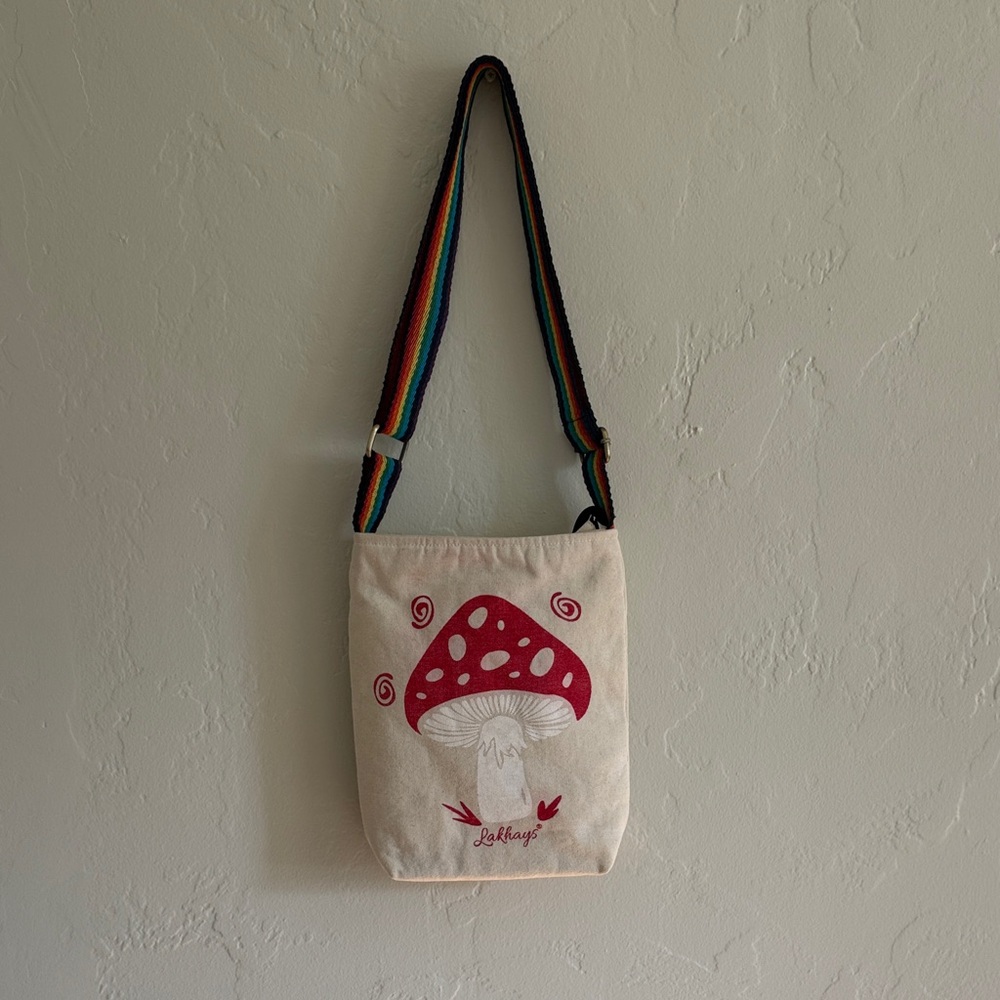 Lakhay’s Hemp Blend Mushroom Print Crossbody Bag with Rainbow Strap